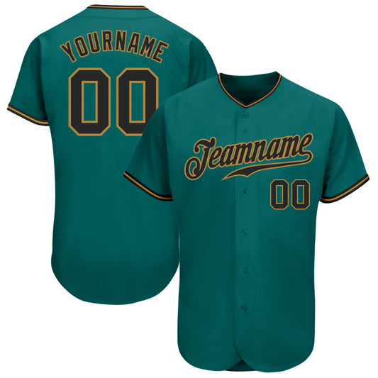 Custom Teal Black-Old Gold Authentic Baseball Jersey - Main View