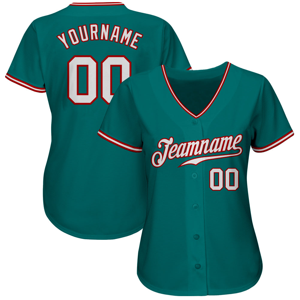 Custom Teal White-Red Authentic Baseball Jersey view 2