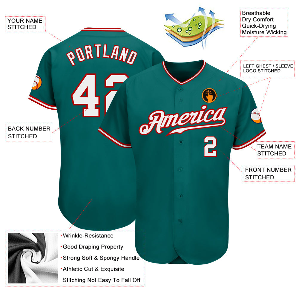 Custom Teal White-Red Authentic Baseball Jersey view 3