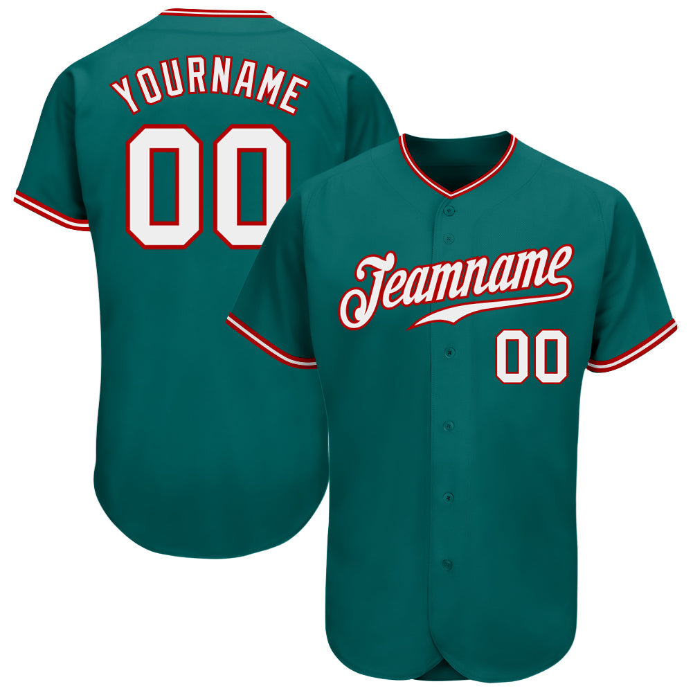 Custom Teal White-Red Authentic Baseball Jersey - Main View