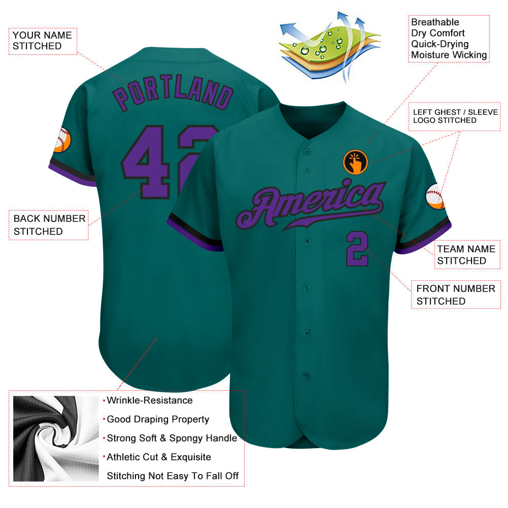 Custom Teal Purple-Black Authentic Baseball Jersey view 3