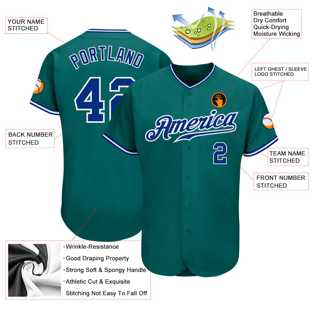 Custom Teal Royal-White Authentic Baseball Jersey view 3