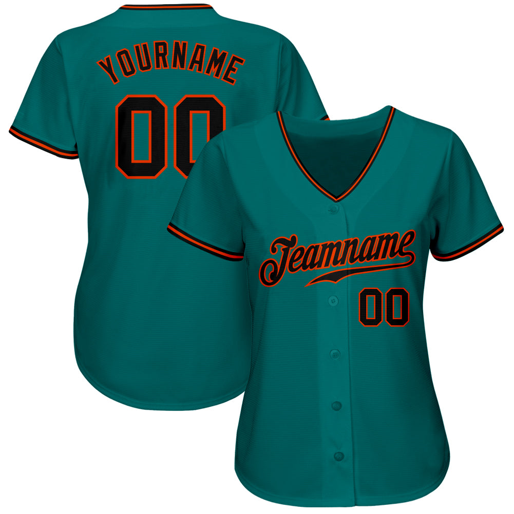Custom Teal Black-Orange Authentic Baseball Jersey view 2