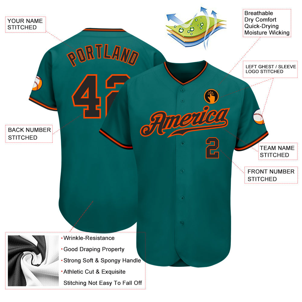 Custom Teal Black-Orange Authentic Baseball Jersey view 3
