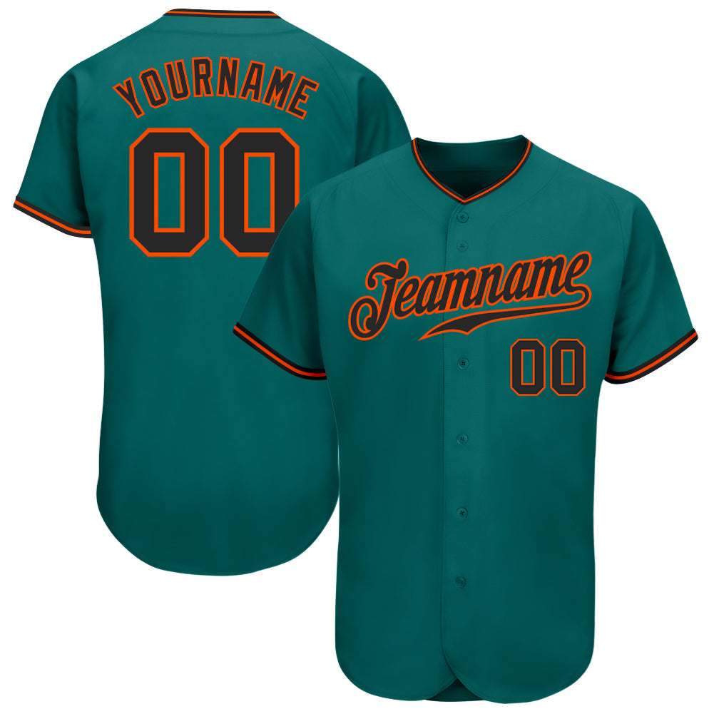 Custom Teal Black-Orange Authentic Baseball Jersey - Main View