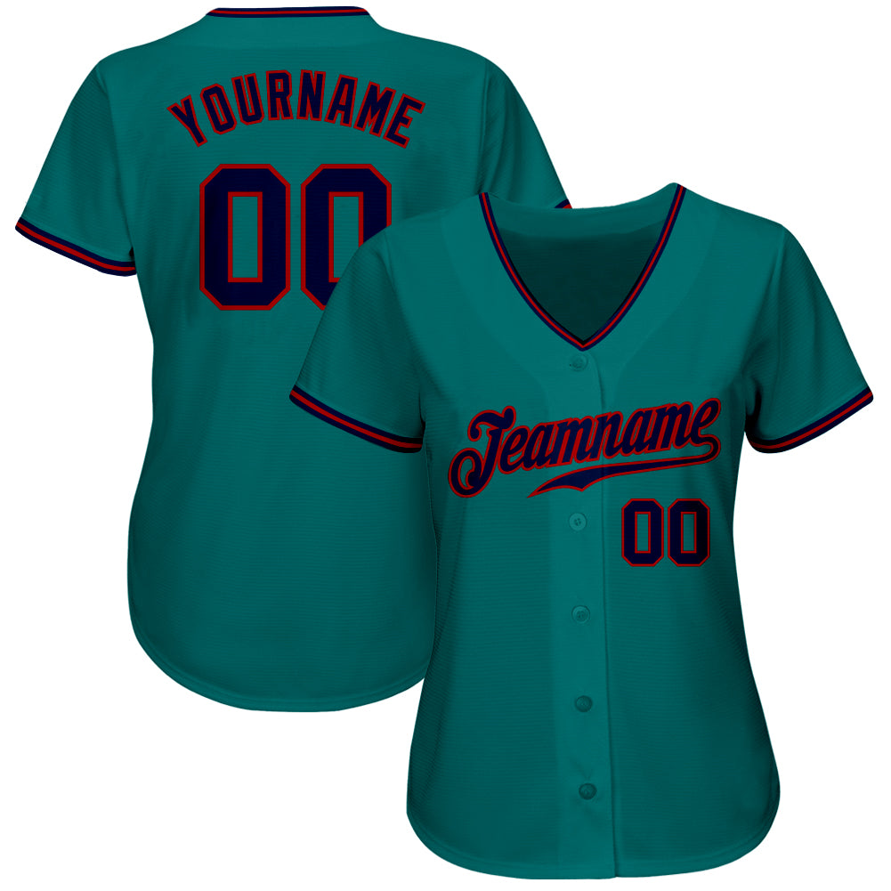 Custom Teal Navy-Red Authentic Baseball Jersey view 2