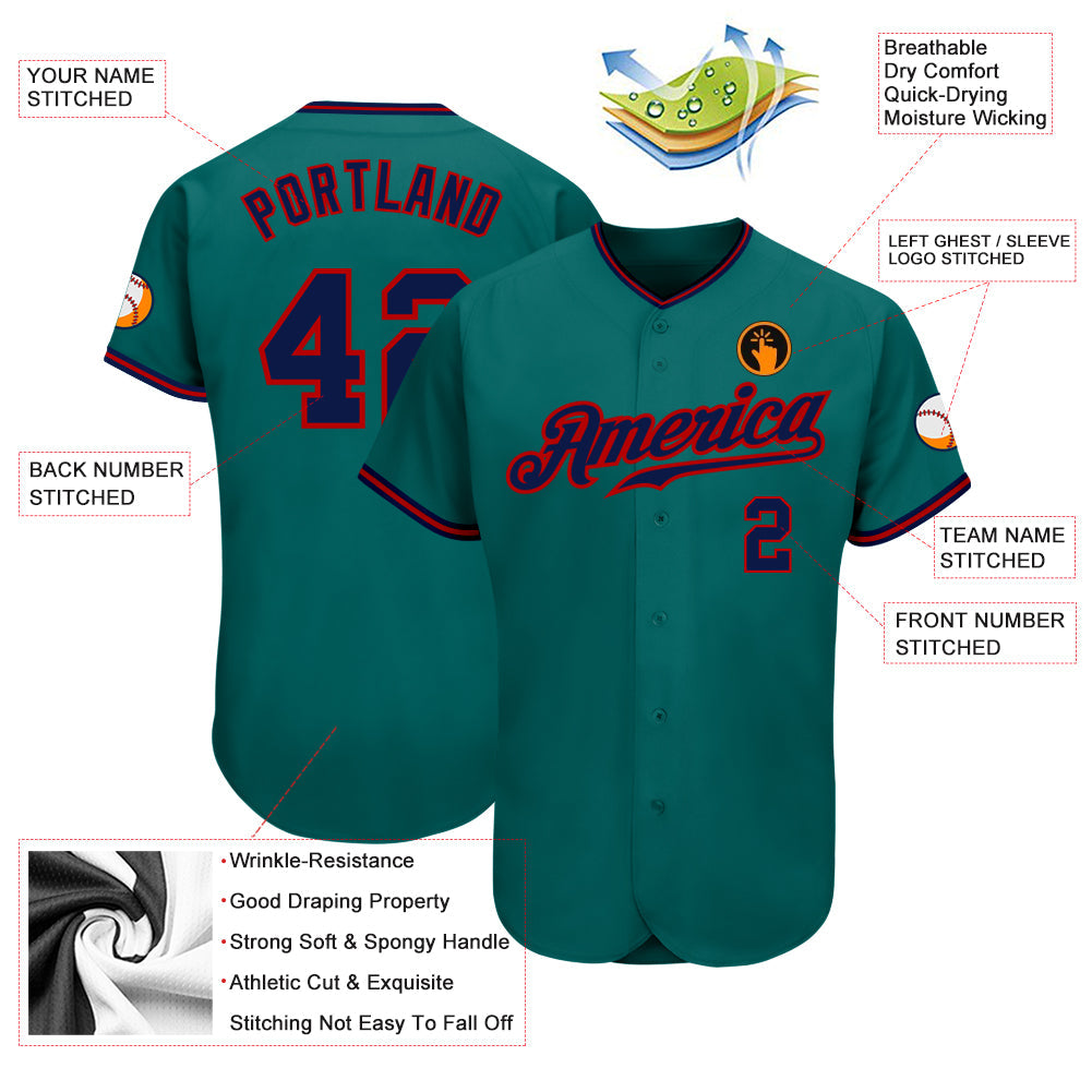 Custom Teal Navy-Red Authentic Baseball Jersey view 3