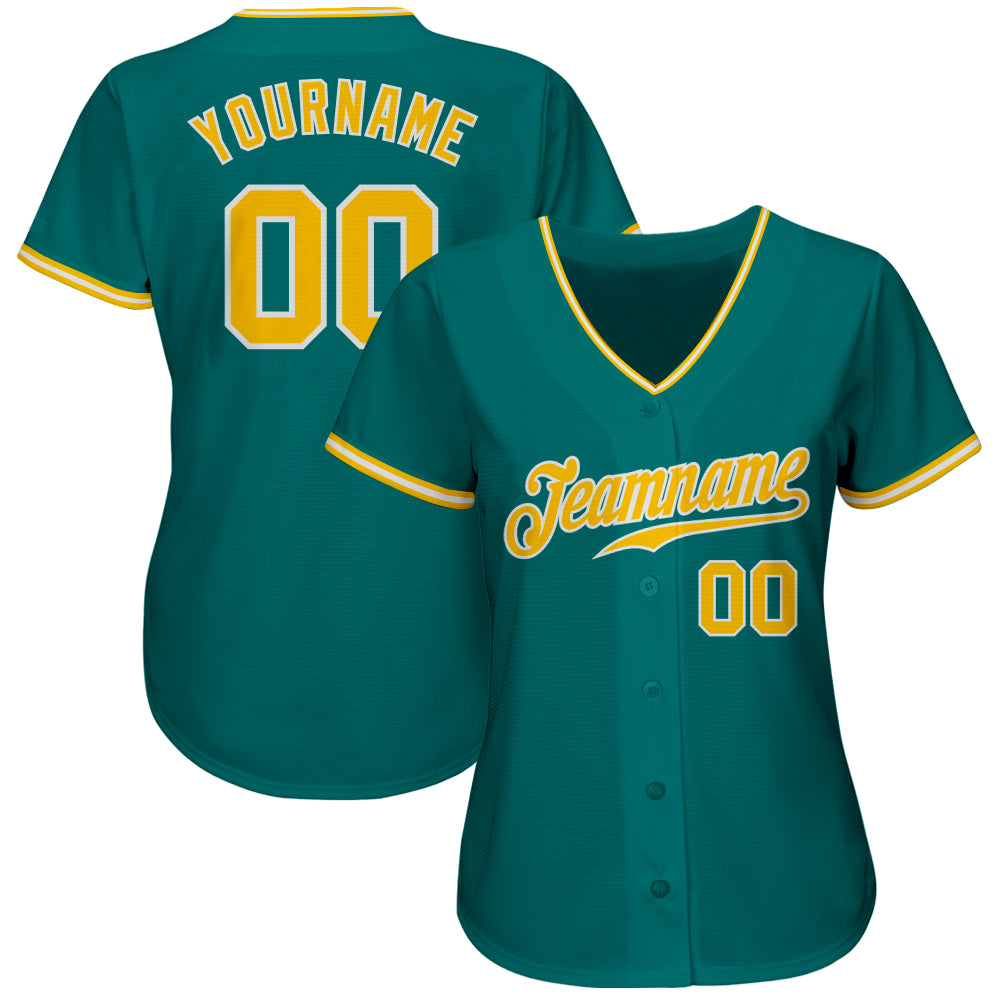 Custom Teal Gold-White Authentic Baseball Jersey view 2