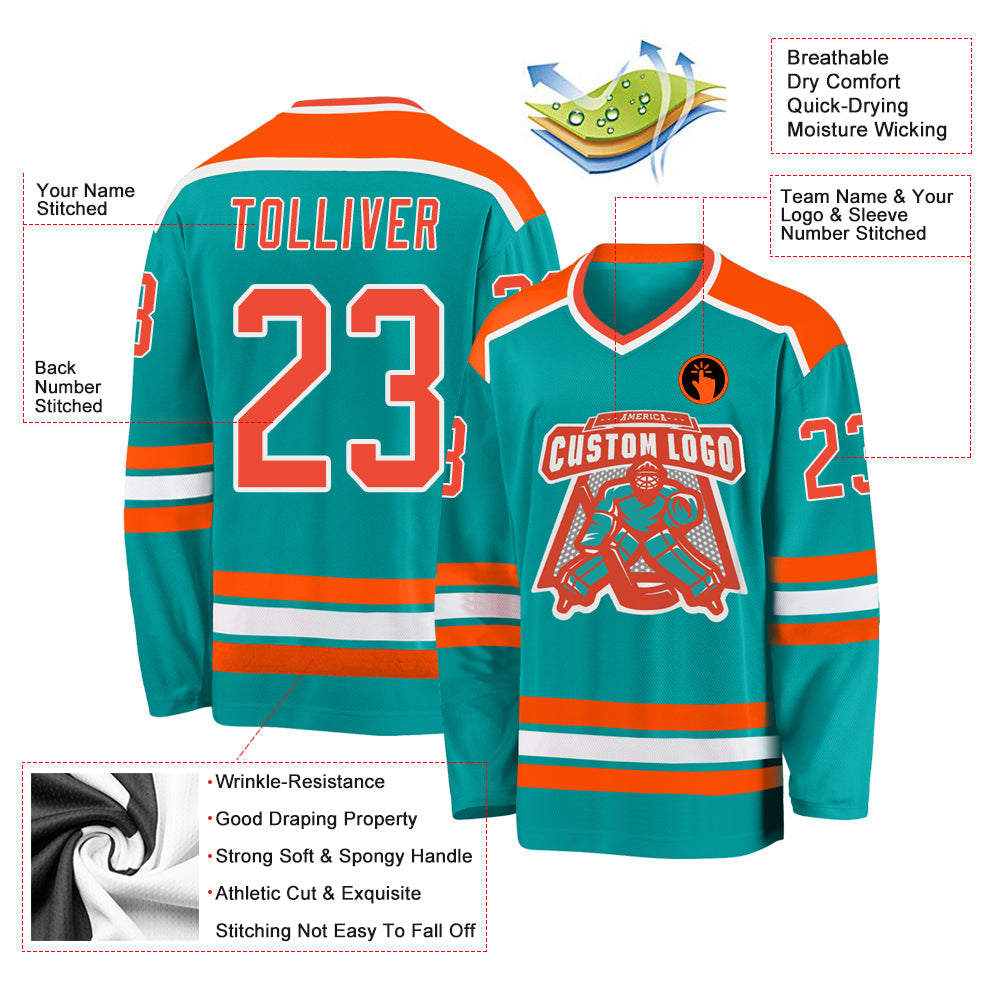 Custom Aqua Orange-White Hockey Jersey view 3