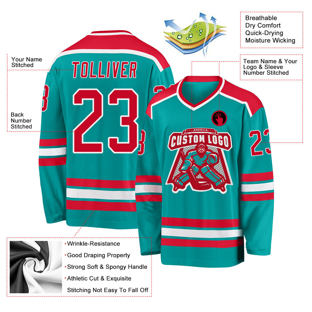 Custom Aqua Red-White Hockey Jersey view 3