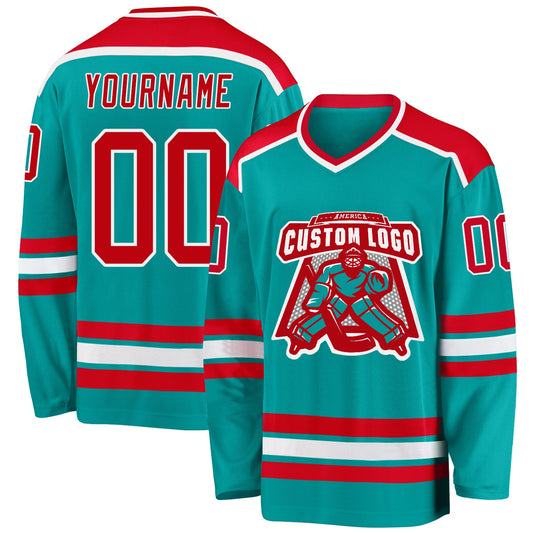 Custom Aqua Red-White Hockey Jersey - Main View