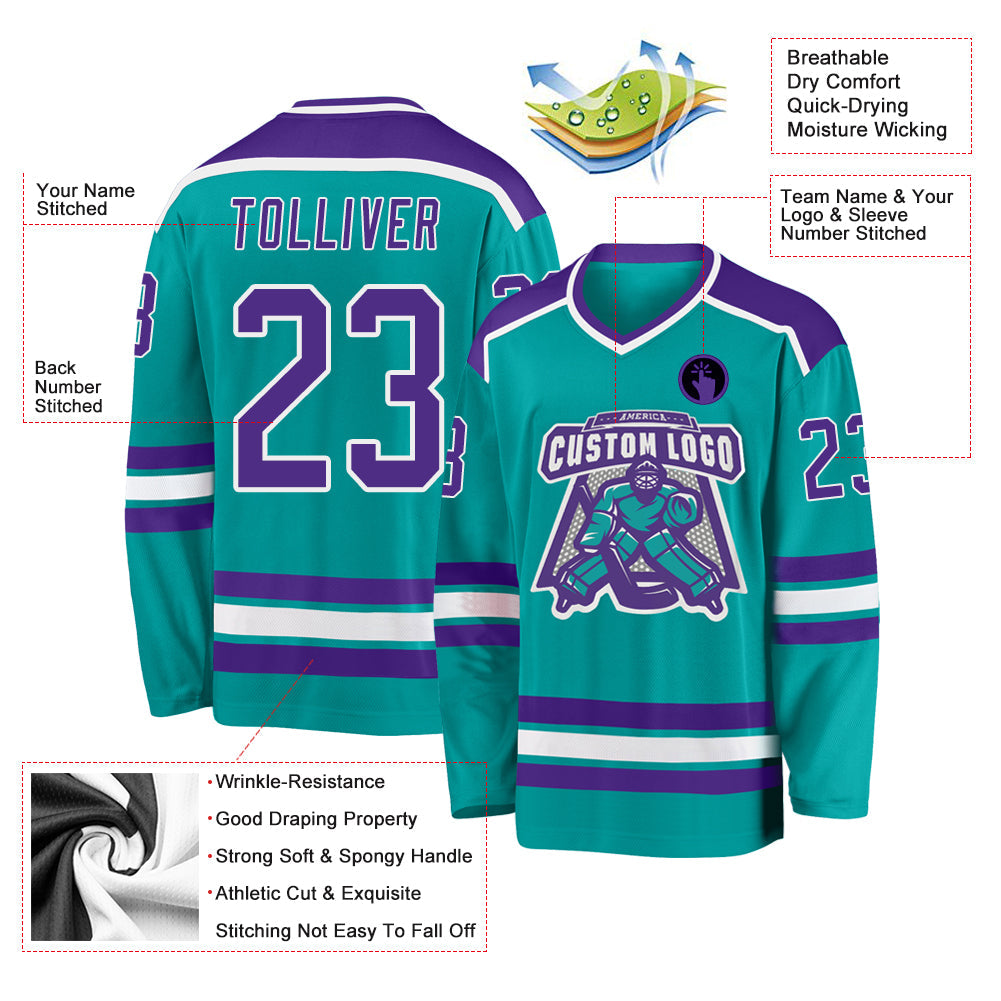 Custom Aqua Purple-White Hockey Jersey view 3