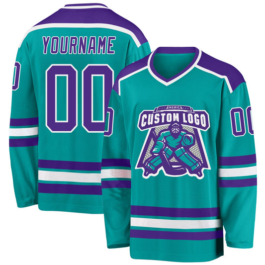 Custom Aqua Purple-White Hockey Jersey - Main View