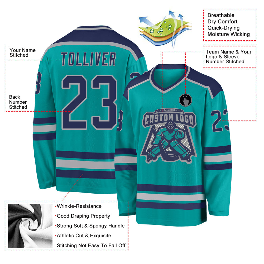 Custom Aqua Navy-Gray Hockey Jersey view 3