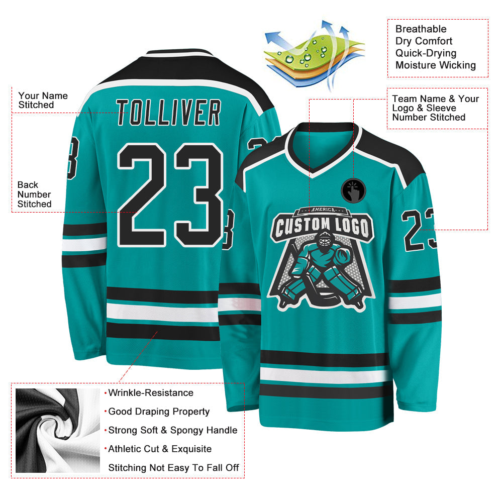 Custom Aqua Black-White Hockey Jersey view 3