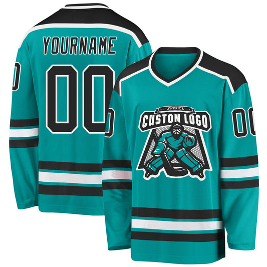 Custom Aqua Black-White Hockey Jersey - Main View