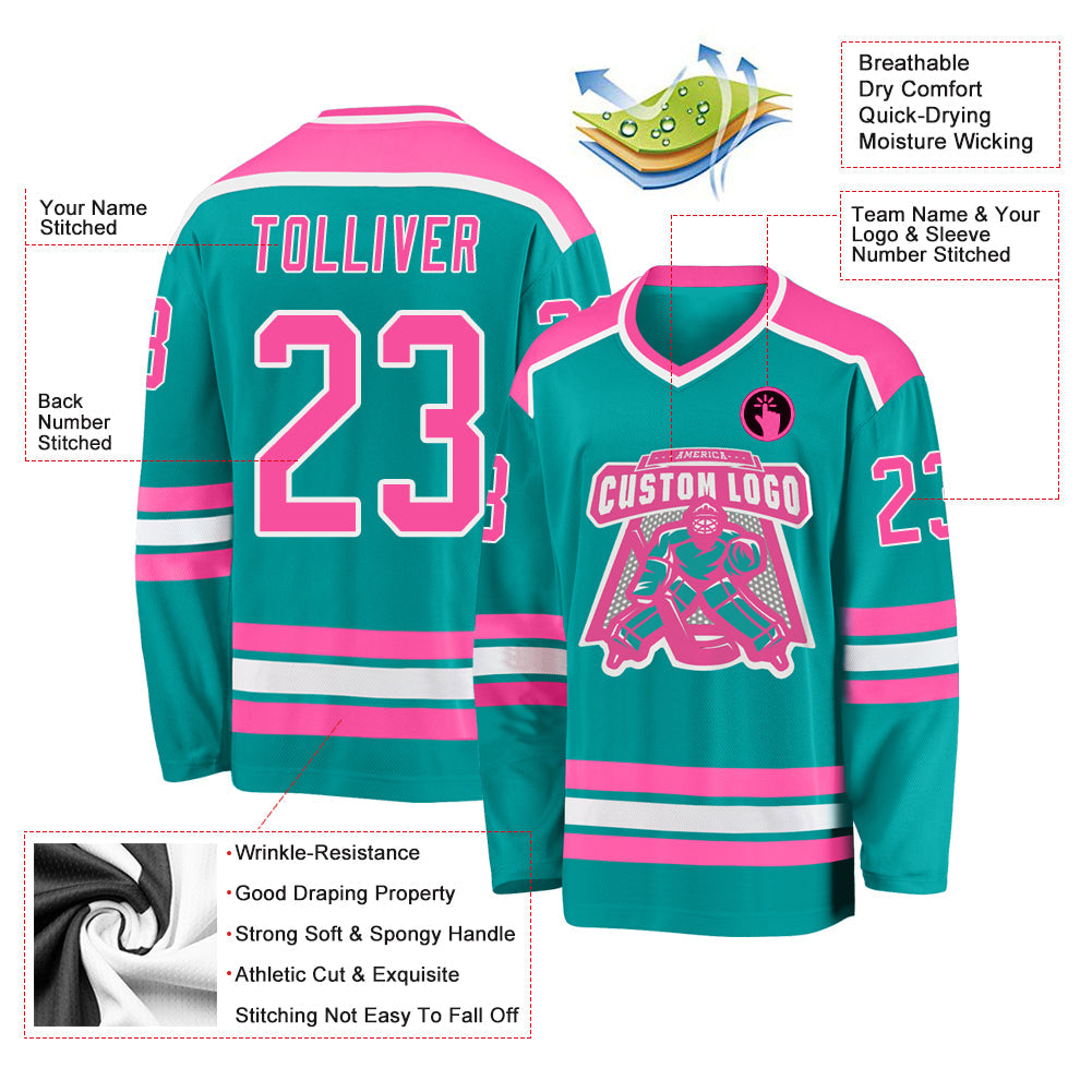 Custom Aqua Pink-White Hockey Jersey view 3