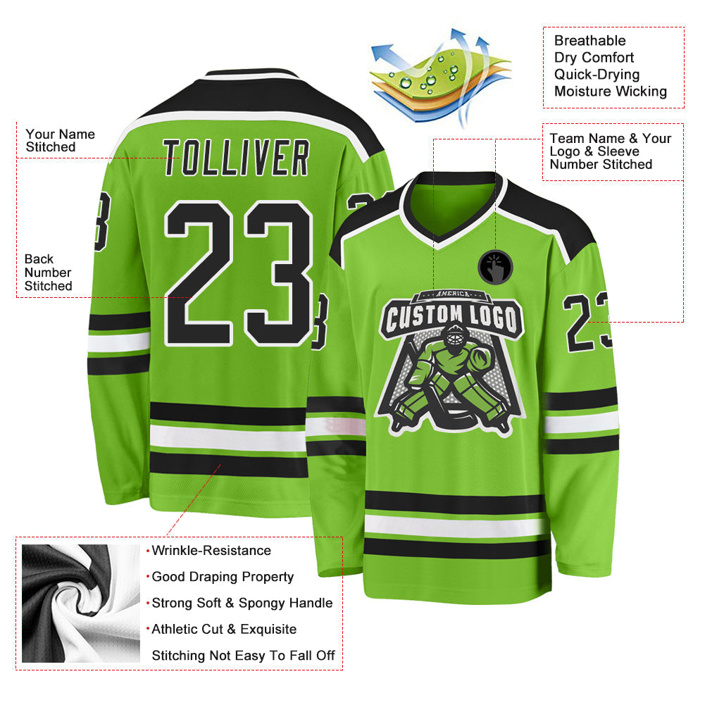 Custom Neon Green Black-White Hockey Jersey view 3