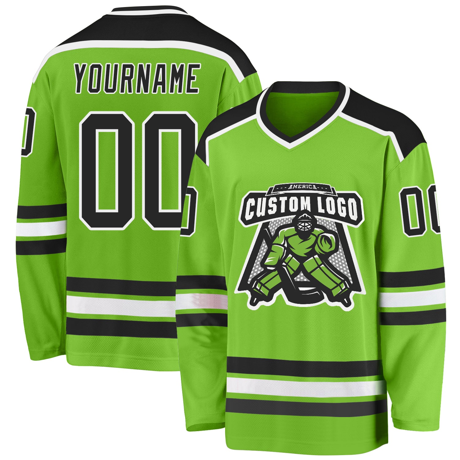 Custom Neon Green Black-White Hockey Jersey - Main View