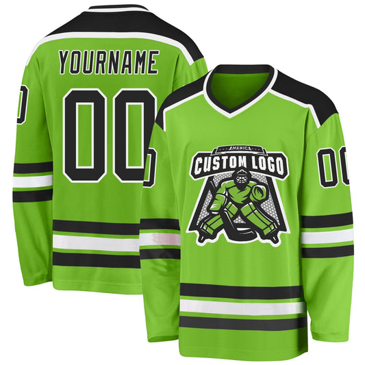 Custom Neon Green Black-White Hockey Jersey - Main View