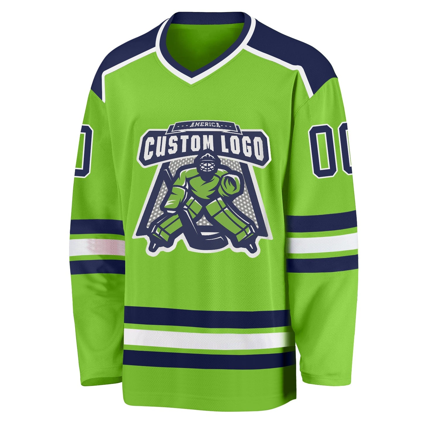 Custom Neon Green Navy-White Hockey Jersey view 2