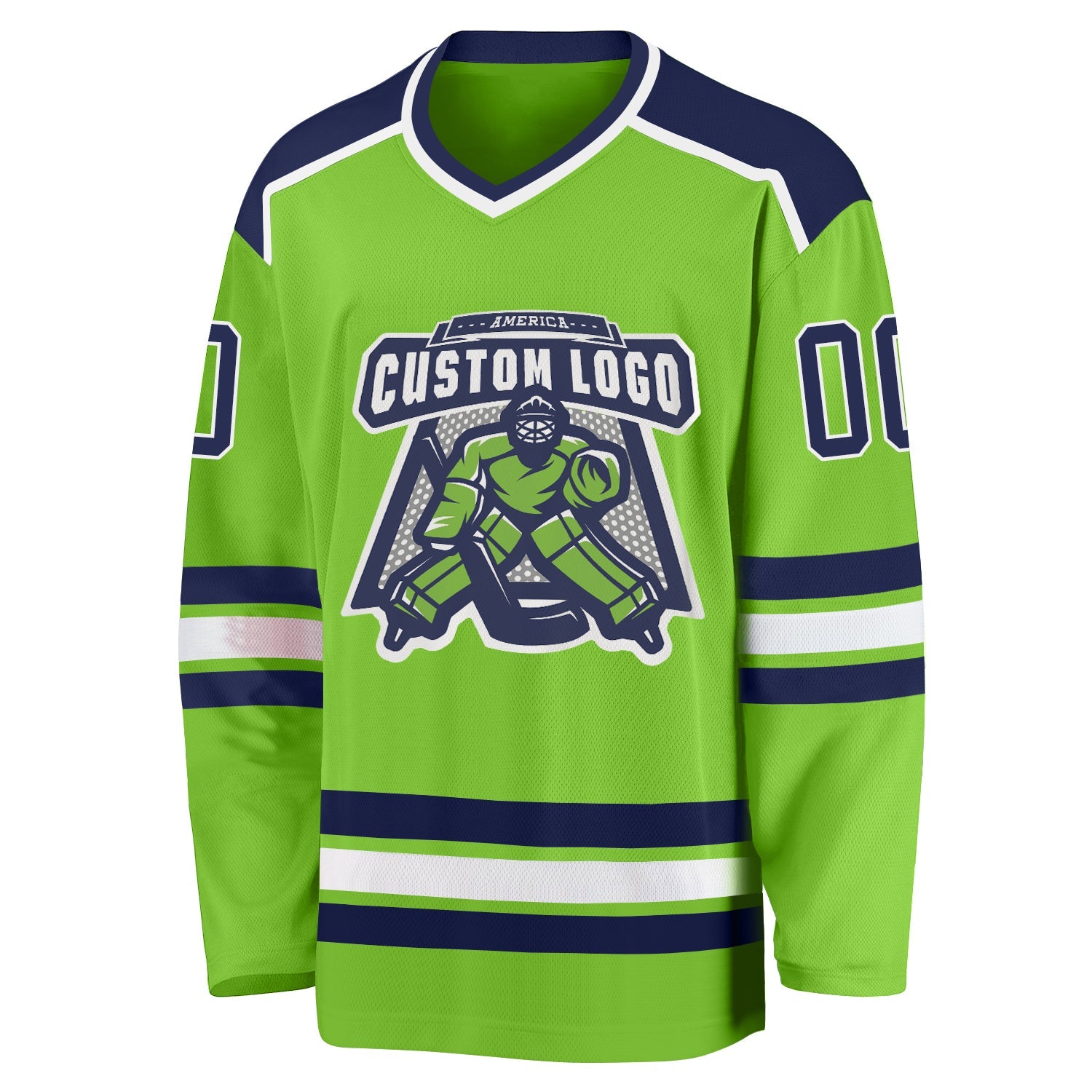 Custom Neon Green Navy-White Hockey Jersey view 2