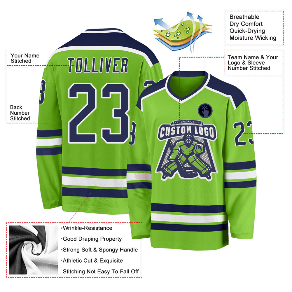 Custom Neon Green Navy-White Hockey Jersey view 3