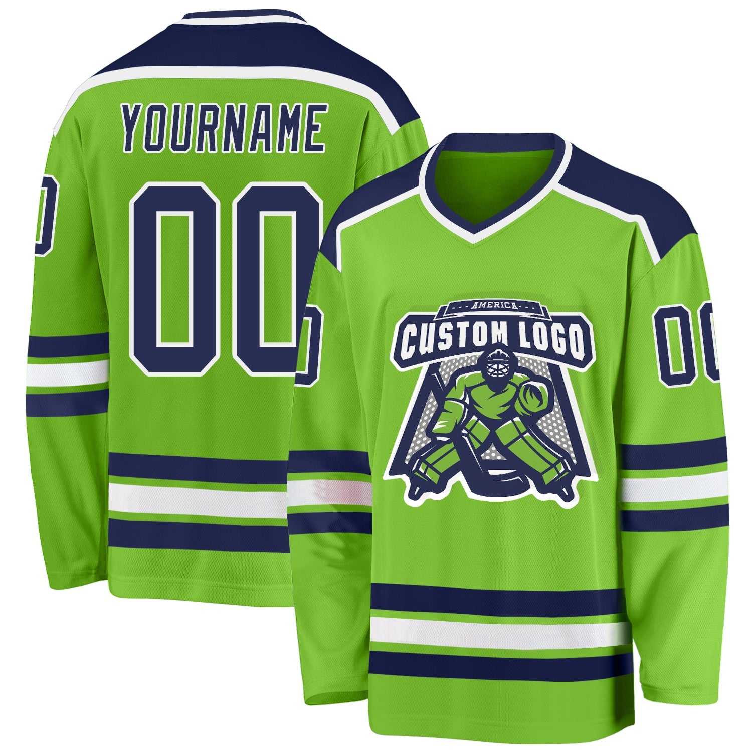Custom Neon Green Navy-White Hockey Jersey - Main View