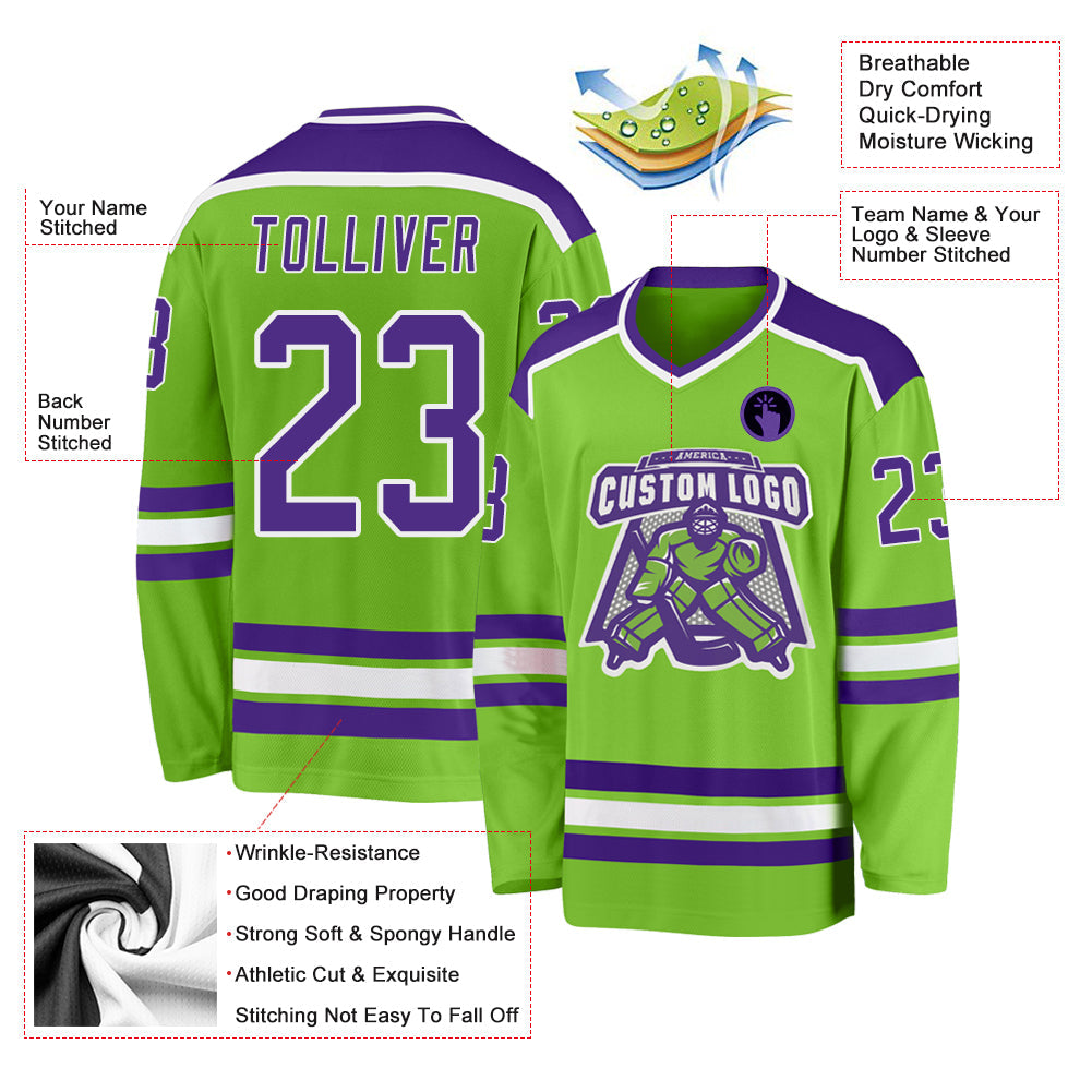 Custom Neon Green Purple-White Hockey Jersey view 3