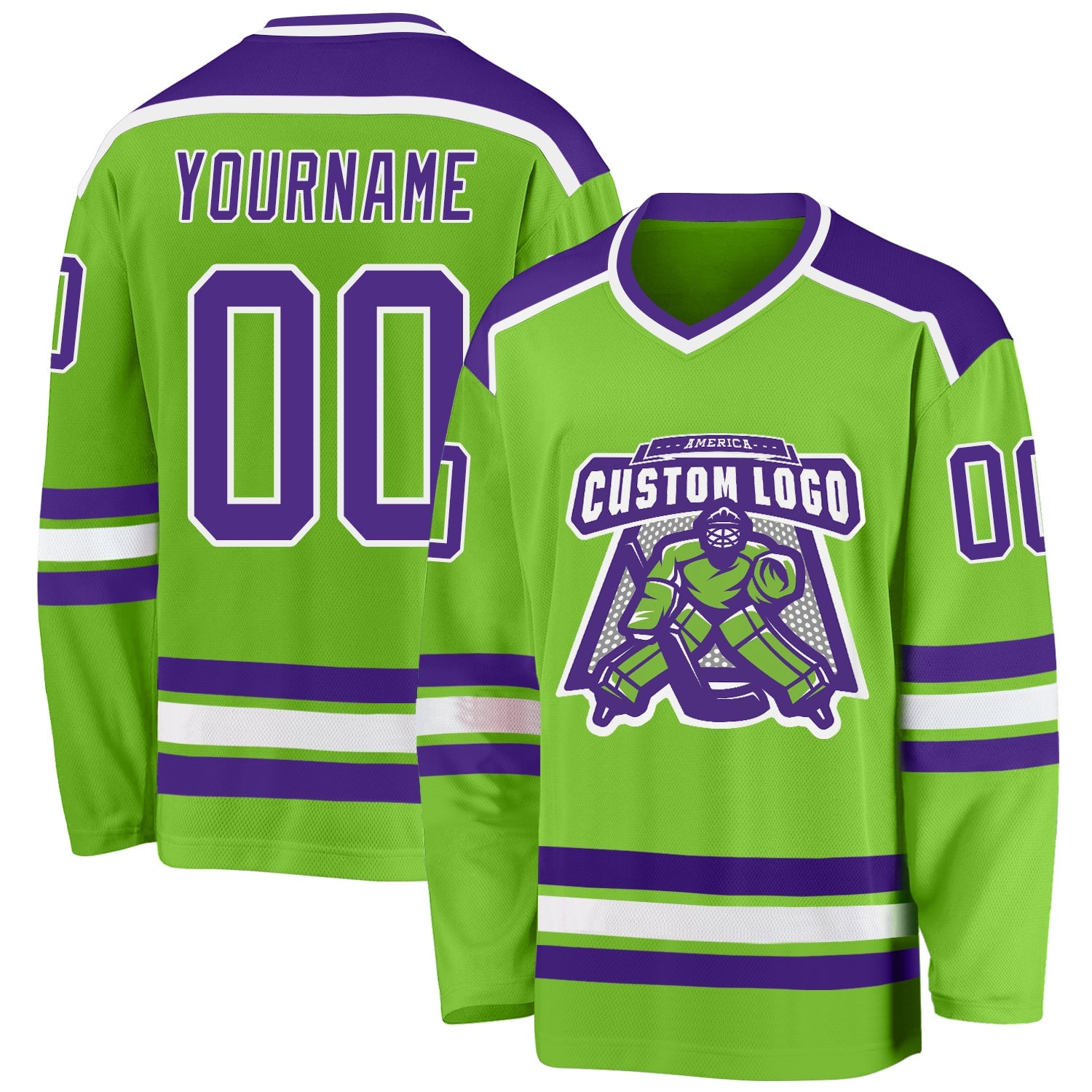 Custom Neon Green Purple-White Hockey Jersey - Main View