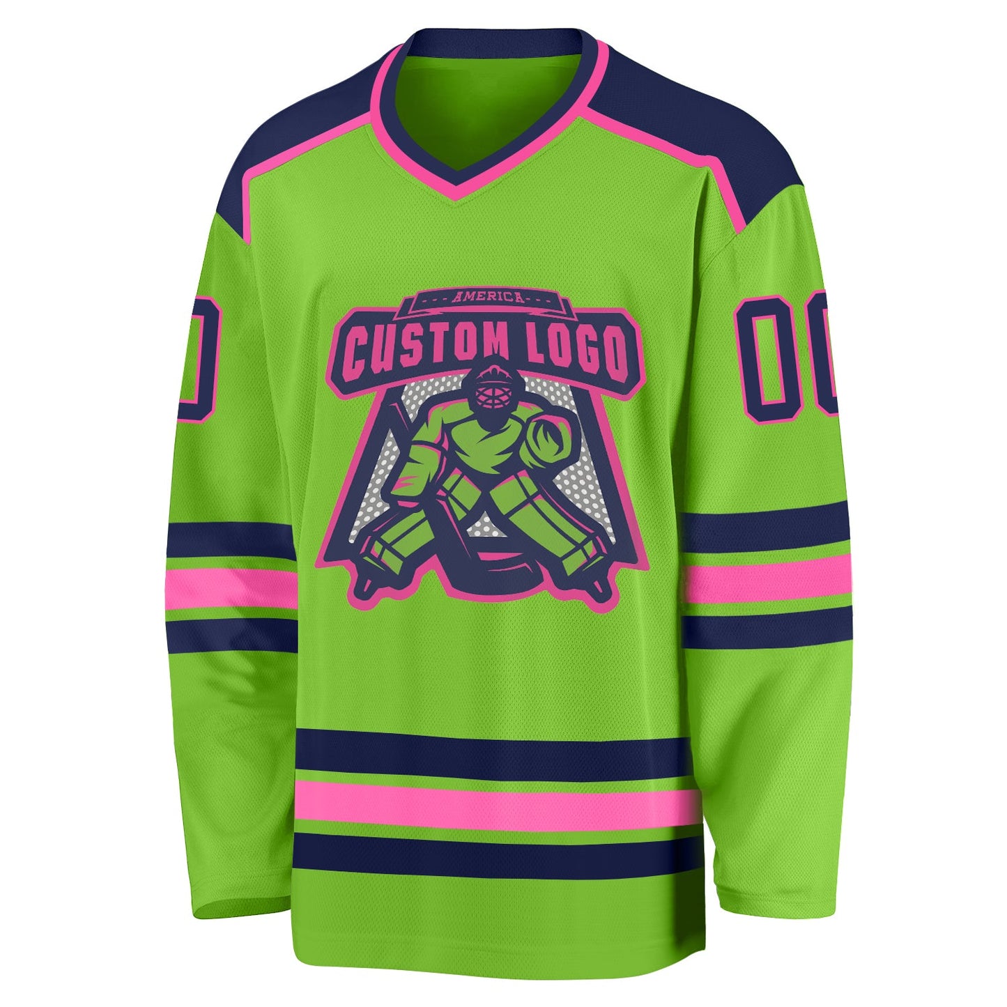 Custom Neon Green Navy-Pink Hockey Jersey view 2