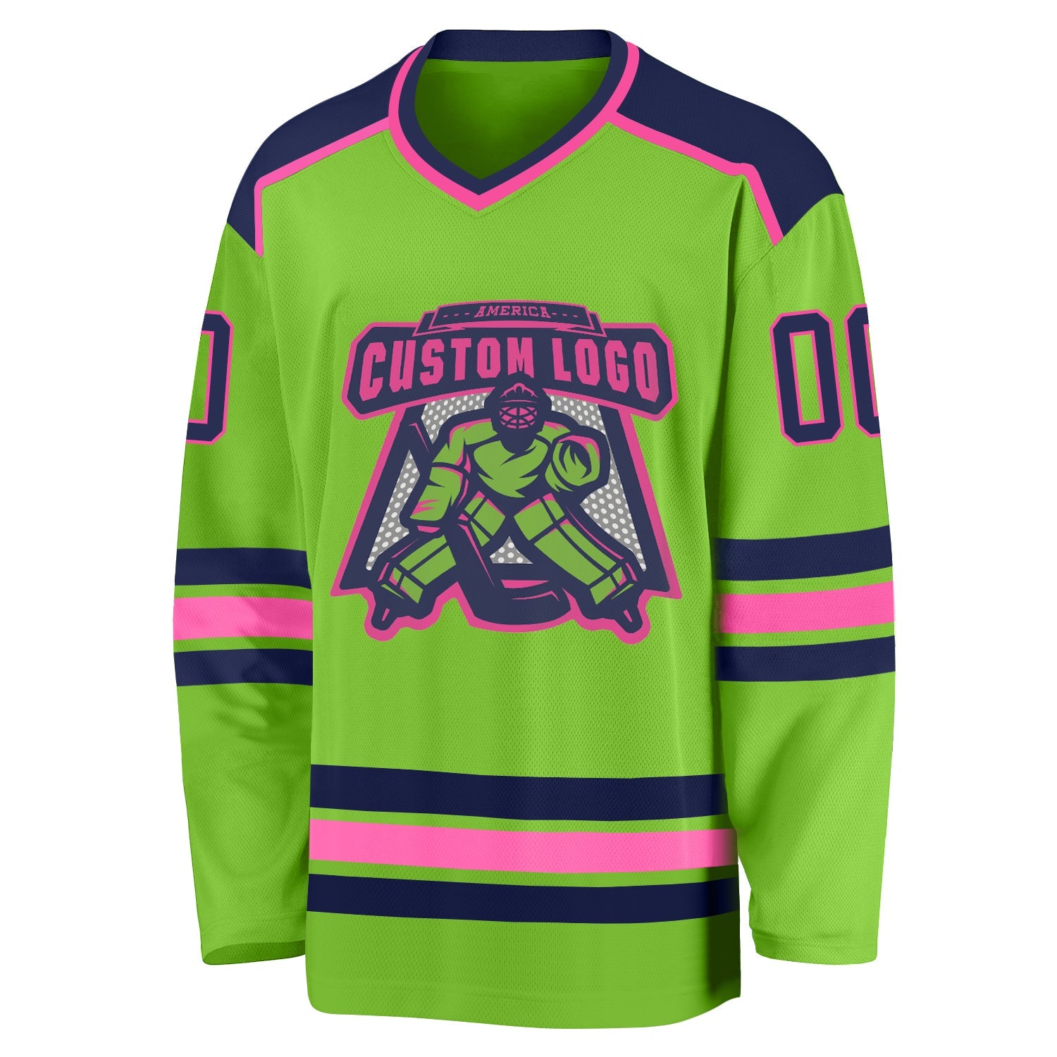 Custom Neon Green Navy-Pink Hockey Jersey view 2