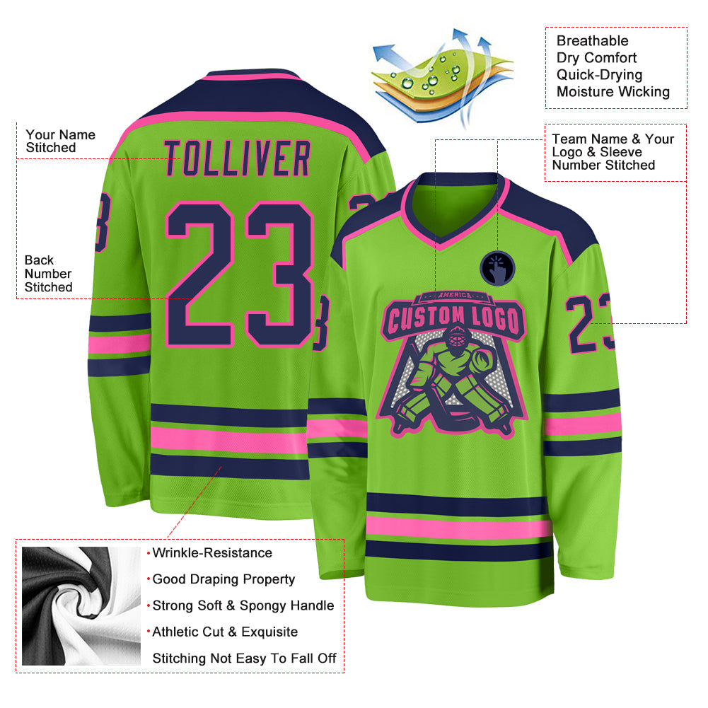 Custom Neon Green Navy-Pink Hockey Jersey view 3