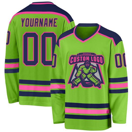 Custom Neon Green Navy-Pink Hockey Jersey - Main View