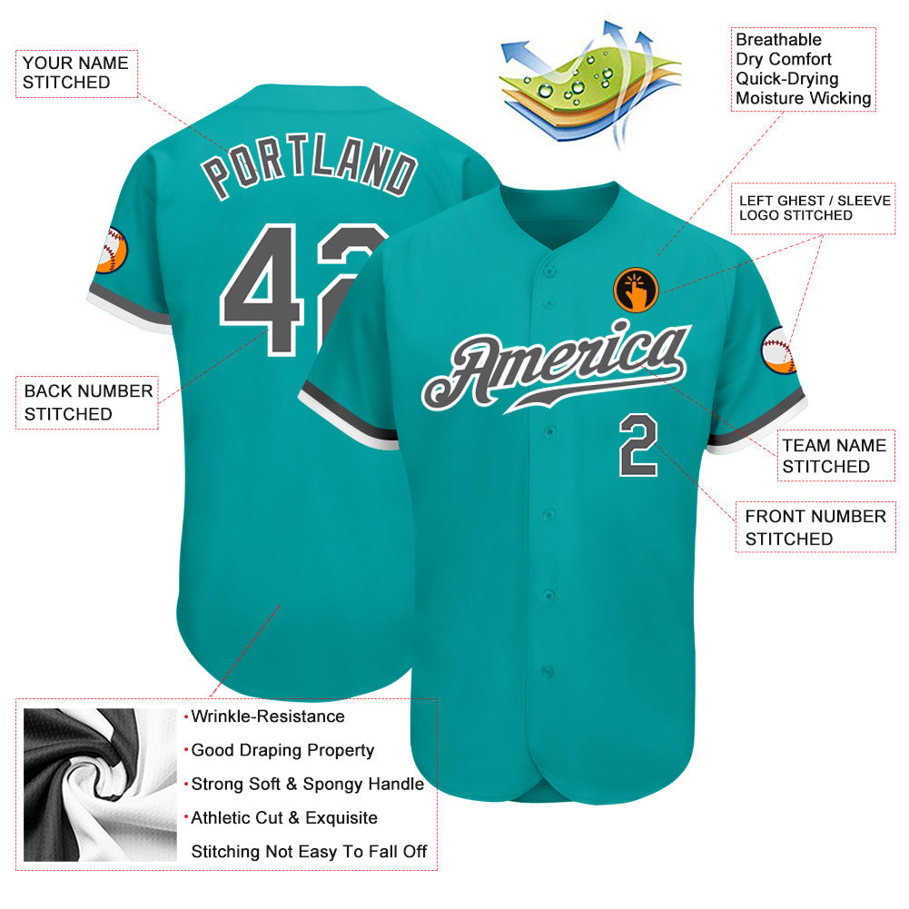 Custom Aqua Steel Gray-White Authentic Baseball Jersey view 3