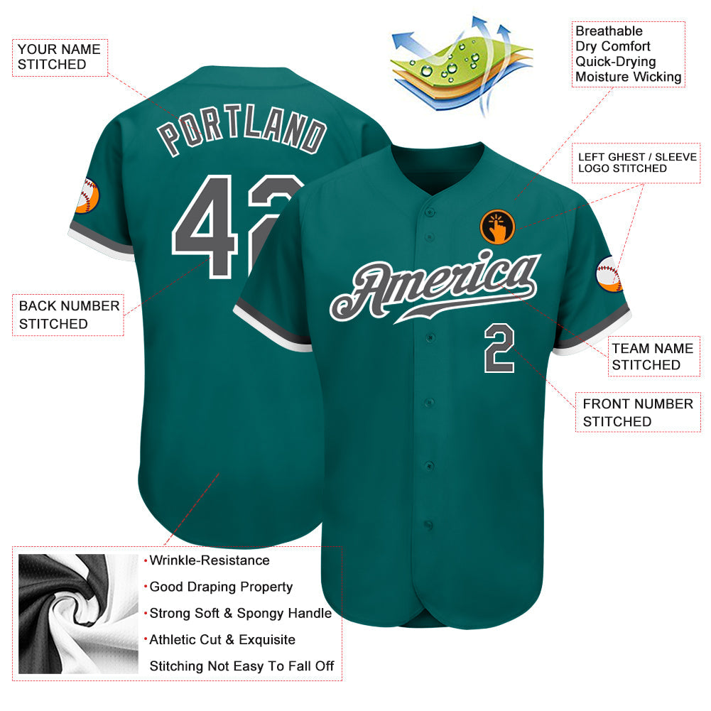 Custom Teal Steel Gray-White Authentic Baseball Jersey view 3