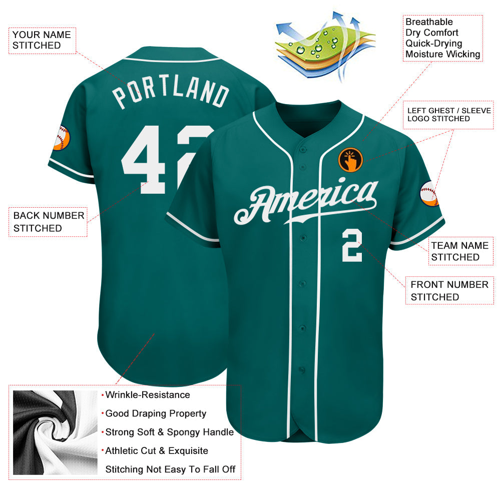 Custom Teal White Authentic Baseball Jersey view 3