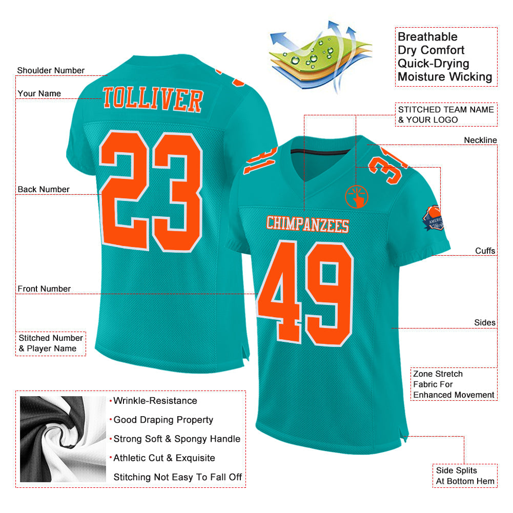 Custom Aqua Orange-White Mesh Authentic Football Jersey view 2