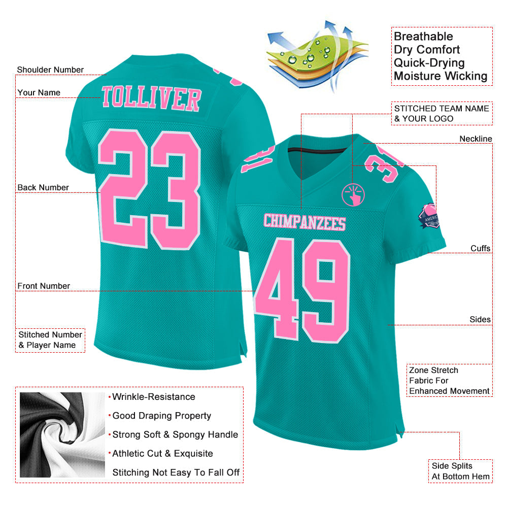 Custom Aqua Pink-White Mesh Authentic Football Jersey view 2