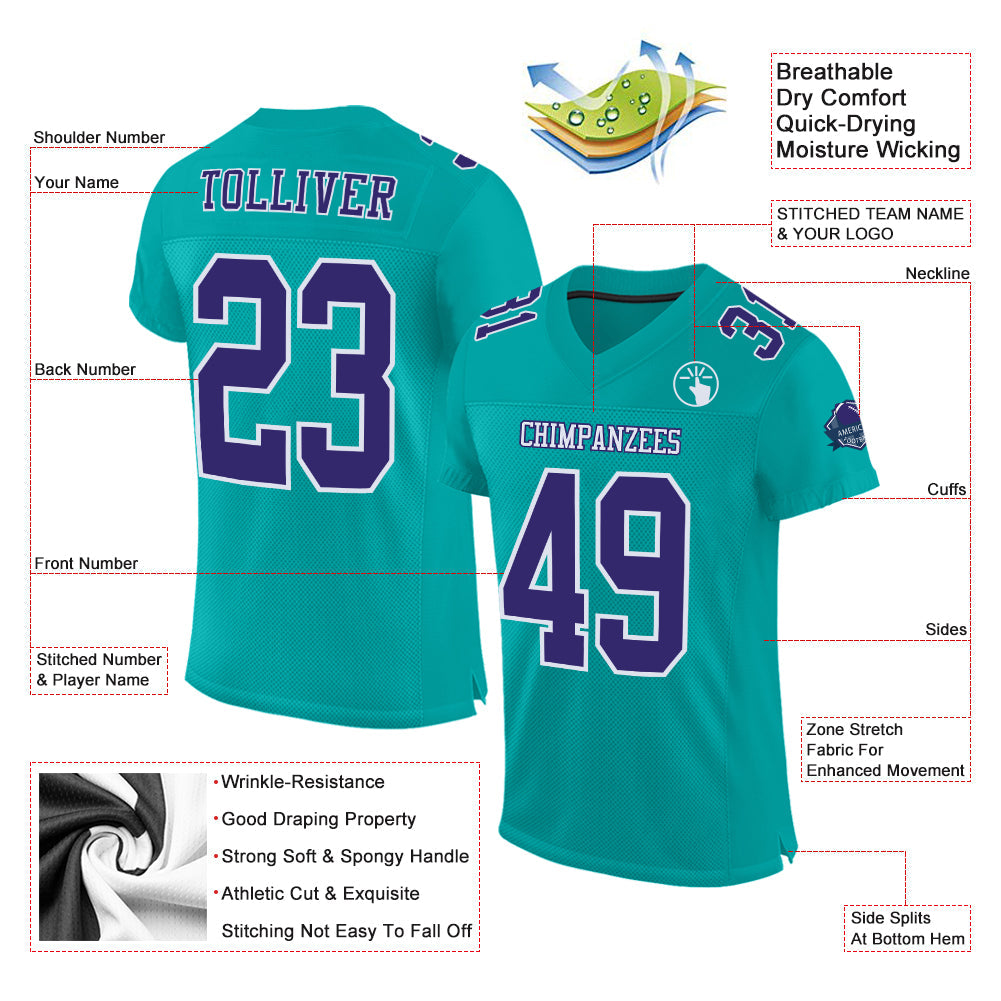 Custom Aqua Purple-White Mesh Authentic Football Jersey view 2