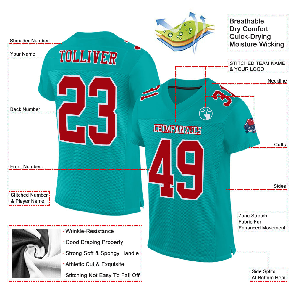 Custom Aqua Red-White Mesh Authentic Football Jersey view 2