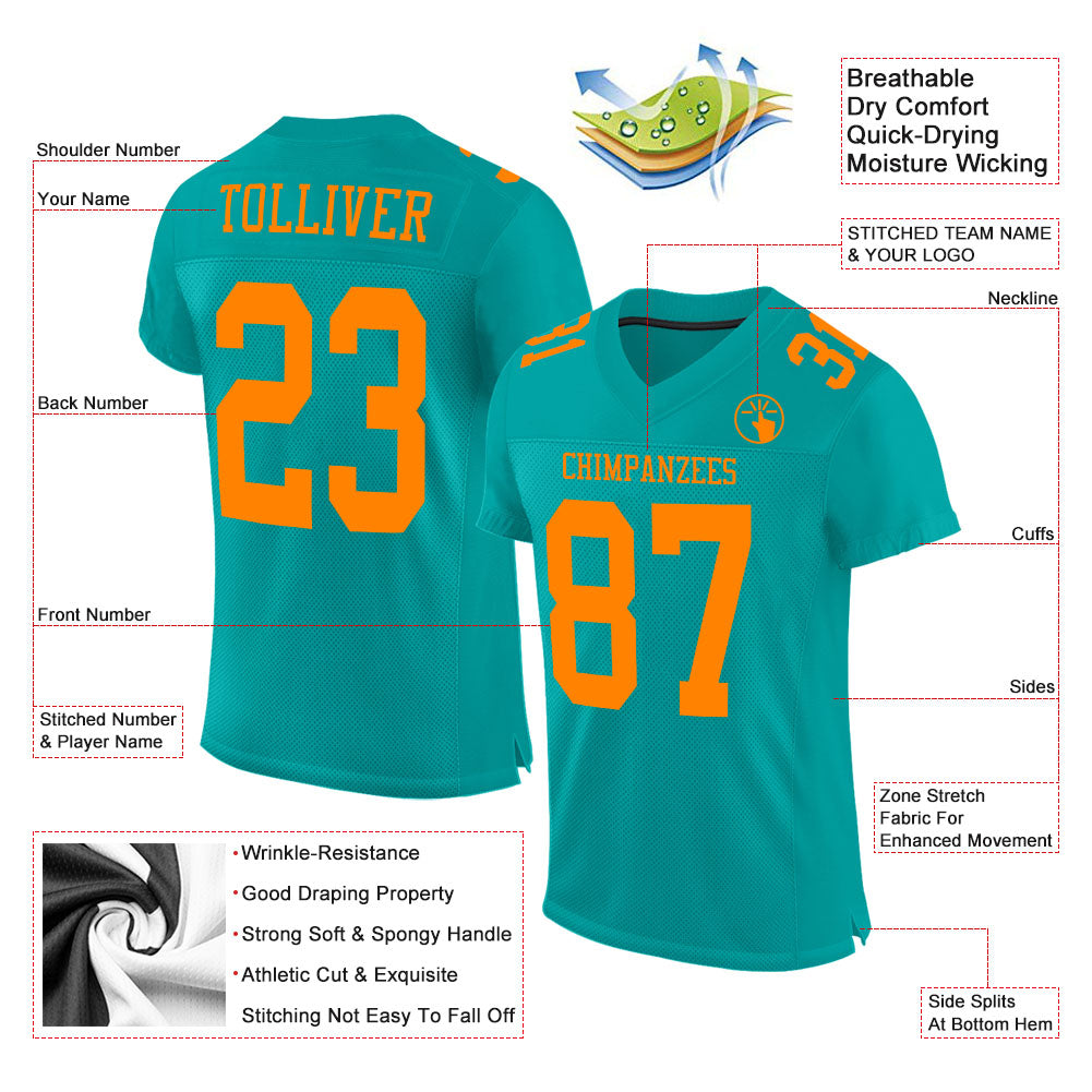 Custom Aqua Bay Orange Mesh Authentic Football Jersey view 2