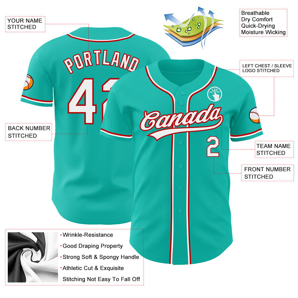 Custom Aqua White-Red Authentic Baseball Jersey view 3