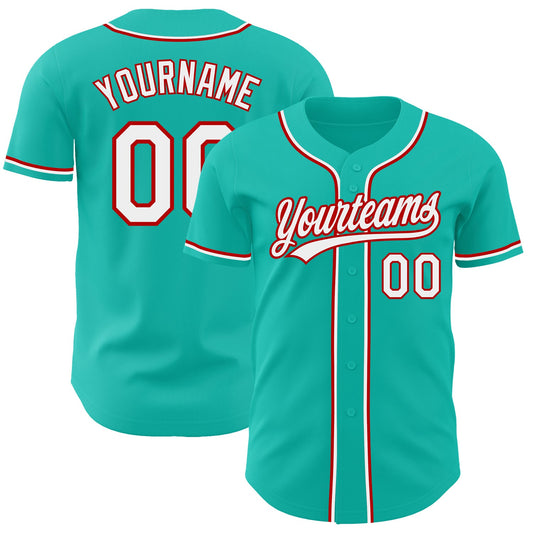 Custom Aqua White-Red Authentic Baseball Jersey - Main View