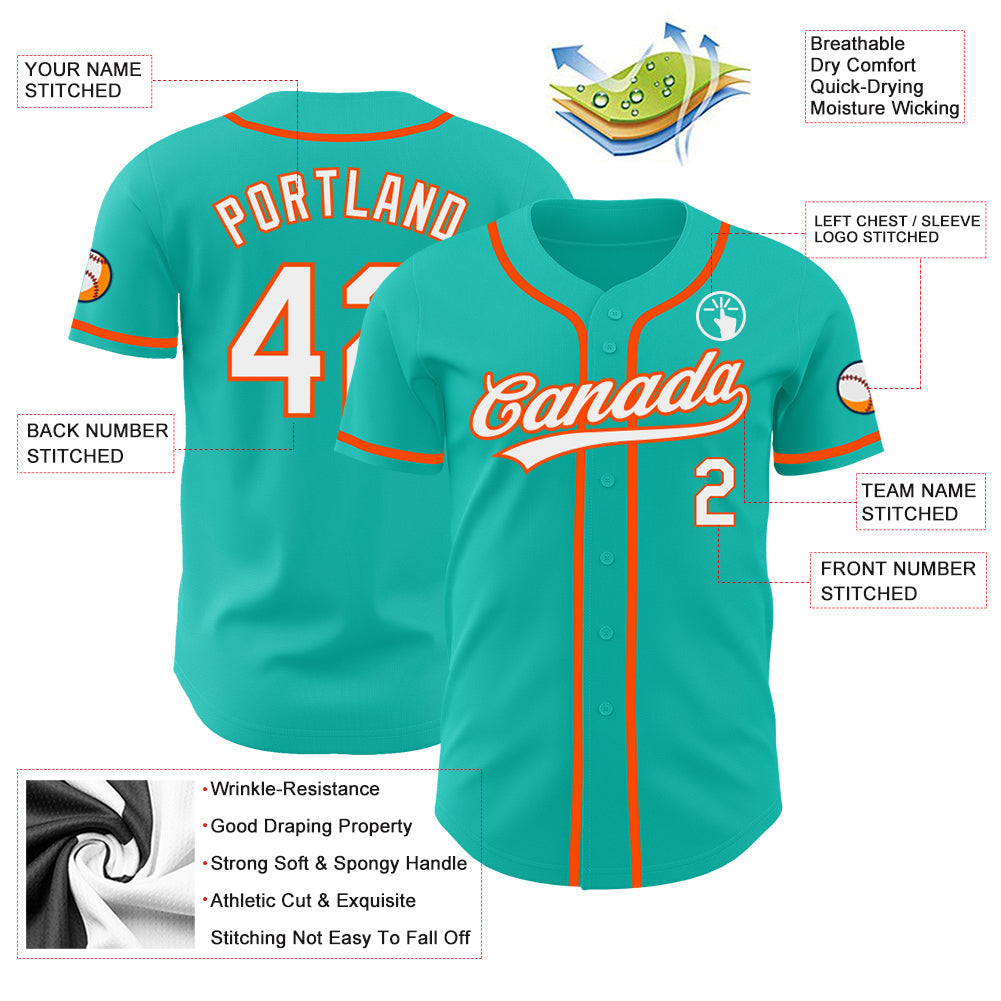 Custom Aqua White-Orange Authentic Baseball Jersey view 3