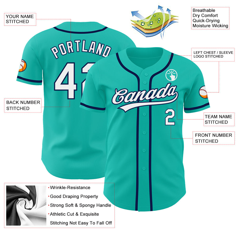 Custom Aqua White-Navy Authentic Baseball Jersey view 3