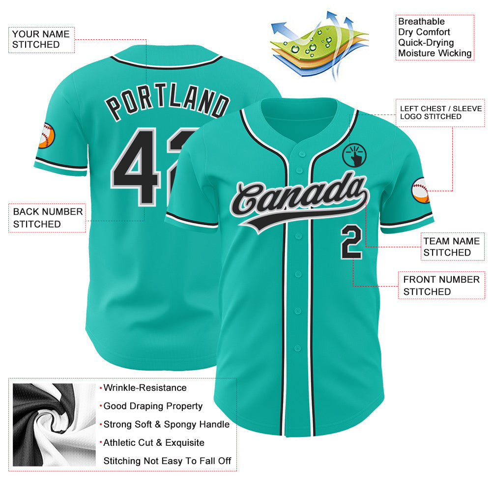 Custom Aqua Black-Gray Authentic Baseball Jersey view 3
