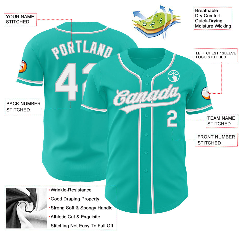 Custom Aqua White-Gray Authentic Baseball Jersey view 3