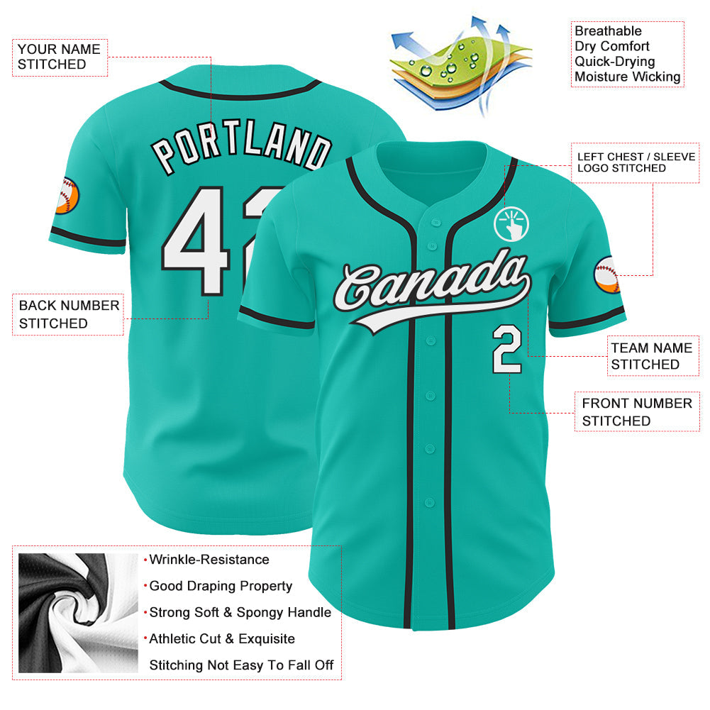 Custom Aqua White-Black Authentic Baseball Jersey view 3