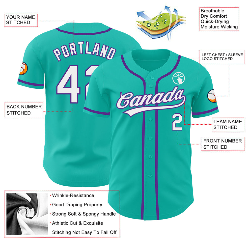 Custom Aqua White-Purple Authentic Baseball Jersey view 3